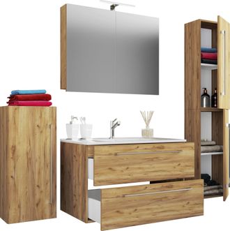 ebuy24 Vcm 5pcs Set 1 Lavabo Con Dos Cajones, 1 Gabinete De Espejo, 1 Lavabo, 1 Midischrank, 1 Gabinete Alto Lavabo De Cer&aacute;mica Gabinete Inferior Colgante 80