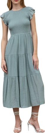 Blu Pepper Flutter Sleeve Smocked Tiered Midi Dress in Sage at Nordstrom Rack, Size Medium