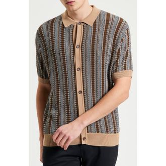 Ben Sherman Textured Stripe Knit Button-Up Shirt in Dark Navy at Nordstrom, Size Large