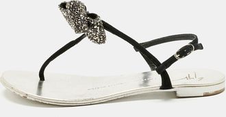 Giuseppe Zanotti Black Suede Crystal Bow Thong Flat Sandals