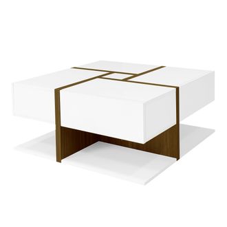 STILVORA Mesa De Centro Cuadrada Con 4 Cajones Y Estante, Motivo De L&iacute;neas, Acabado Brillante, En Aglomerado, Blanco, 78&times;78&times;34,8 Cm