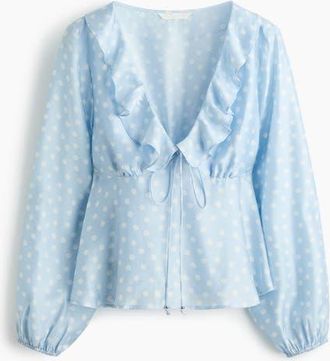 H&M Flounce-trimmed Blouse in Light Blue/polka Dot at Nordstrom, Size Xx-Large