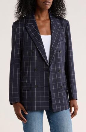 French Connection Windowpane Double Breasted Blazer in Marine-Classic Cream at Nordstrom Rack, Size Medium