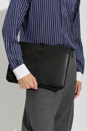 Ferragamo Leather Document Pouch, Mens, Black