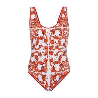 Dolce & Gabbana Badmode, Dames, Oranje, M, Zwemoutfit met Majolica-print