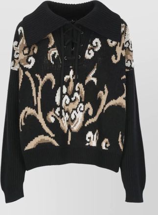 Etro wool intarsia floral lace-up sailor collar sweater