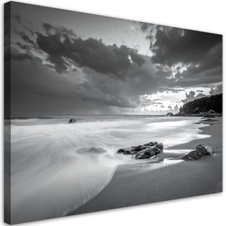 Feeby Cuadro Sobre Lienzo, Playa Mar Paisaje Blanco Y Negro, 100x70