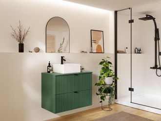 Vente-Unique Mobile per bagno sospeso con scanalature con lavabo quadrato da appoggio - Verde opaco - 80 cm - ZEVINI