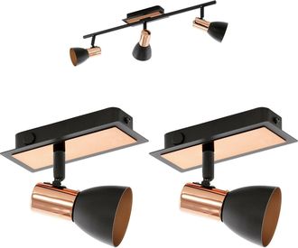 Loops Ceiling Spot Light & 2x Matching Wall Lights Black & Copper Adjustable Shade