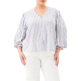 Karen Kane Stripe Linen Blend Shirt in Off White/Blue at Nordstrom, Size 1X