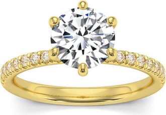 Pompeii3 2Ct Round Cut Moissanite & Diamond Ring in 14k Gold With Side Halo