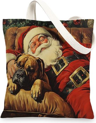 Generic Christmas Cane Corso Dog Canvas Tote Bag for Shopping 13x15, Xmas Santa Puppy Reusable Grocery Print Pattern Bag for Women Men, Pet New Year Aesthetic
