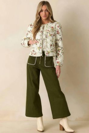 Entro Romance In Bloom Floral Quilted Tie Front Jacket In Ecru Multi