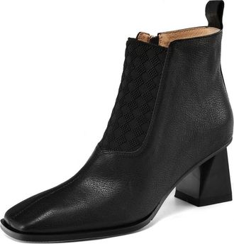 TinaCus Handmade Genuine Leather Elastic Side Zip Square Toe Block Heel Ankle Boots for Women, Black, 5 UK