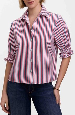 Foxcroft Vivienne Stripe Elbow Sleeve Matte Sateen Button-Up Shirt in Red/Navy Blue at Nordstrom, Size X-Small