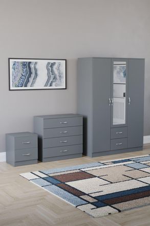 Home Discount Vida Designs 3Pc Bedroom Set 2Bedside, 4 Drawer Chest, Mirror Wardrobe in Grey