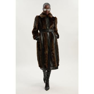 Karen Millen Faux Fur PU Panelled Belted Midi Coat in Chocolate at Nordstrom, Size 12