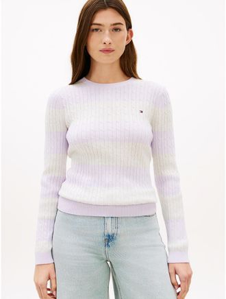 Tommy Hilfiger Womens Rugby Stripe Cable Knit Sweater - Purple - XXL