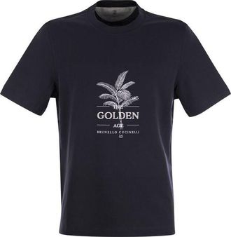 Brunello Cucinelli MenS Navy Graphic Cotton T-Shirt, Size XS