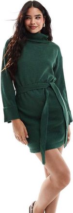 Vila turtle neck mini sweater dress with tie waist in green