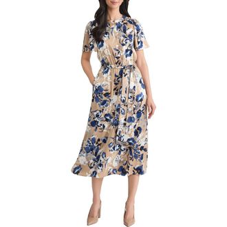 Kasper Print Flutter Sleeve Tie Waist Midi Dress in Light Sand Multi at Nordstrom, Size X-Large