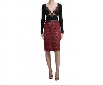 Self Portrait Guipure Lace Midi Skirt In Burgundy