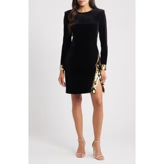 Vince Camuto Paillette Detail Long Sleeve Velvet Cocktail Dress in Black at Nordstrom Rack, Size 4