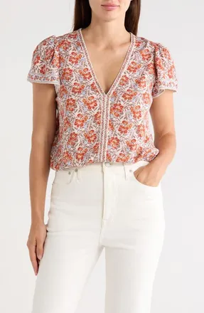 Max Studio Floral Flutter Sleeve Bubble Hem Top in Cream/Sunset Magnolia at Nordstrom Rack, Size X-Large