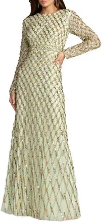 Mac Duggal Long Sleeve High Neck Beaded Gown with Lattice Detailing in Sage at Nordstrom, Size 14