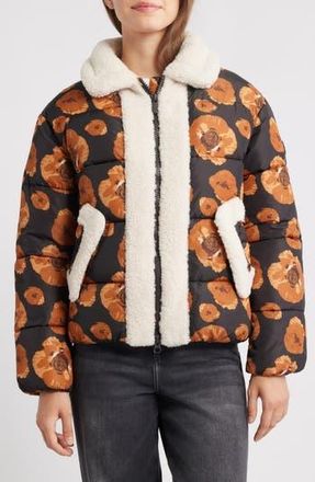 Save The Duck Sugar Water Resistant Floral Puffer Jacket with High Pile Fleece Trim in Macro Beige/brown Flowers at Nordstrom Rack, Size 00(Xxs)