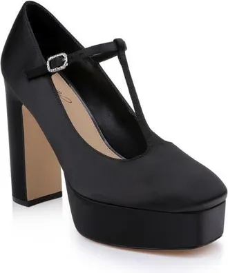 Badgley Mischka Banks T-Strap Platform Pump in Black Satin at Nordstrom, Size 8.5
