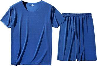 Generic Homewear Mens Set: Loungewear Mens Ice Silk Jersey Breathable Sleepwear Mens Short Pyjama Bottoms Checked Sleep Shirt Comfortable Dressing Gown Slim F