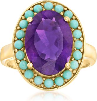 Ross-Simons Turquoise and Amethyst Halo Ring in 18kt Gold Over Sterling