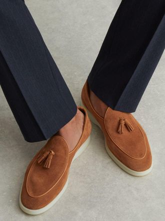 Reiss Camel Brown Suede Tassel Loafers, E41