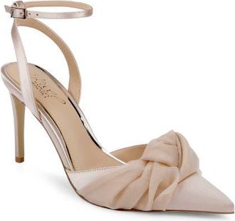 Badgley Mischka Federica Ankle Strap Pointed Toe Pump in Beige Satin at Nordstrom, Size 9.5