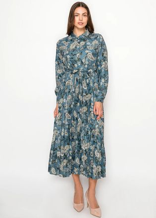 YAL New York Teal Long Sleeve Paisley Dress