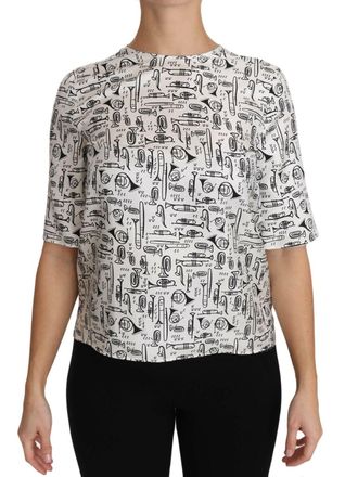 Dolce & Gabbana Womens White Musical Instruments Print Blouse Silk