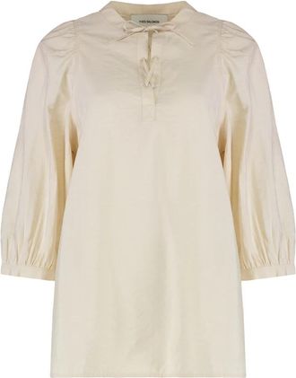 Yves Salomon Zijden Blend Blouse met Vetersluiting - Dames - Blouses - Beige - M - Overhemden