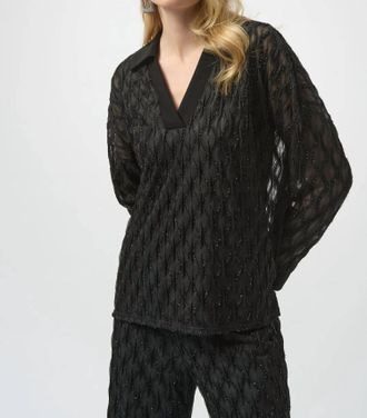 Joseph Ribkoff V-Neck Collared Long Sleeve Top In Black