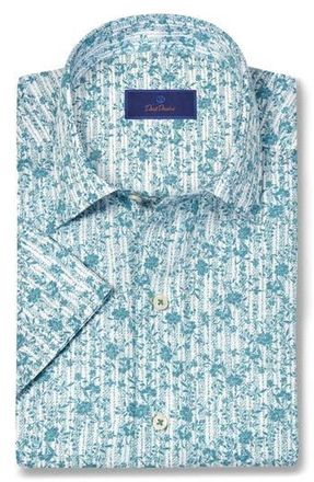 David Donahue Floral Print Lyocell Short Sleeve Shirt in White/Seafoam at Nordstrom Rack, Size Xx-Large