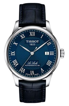 Tissot Le Locle Powermatic 80 Leather Strap Watch, 39.3mm in Blue at Nordstrom