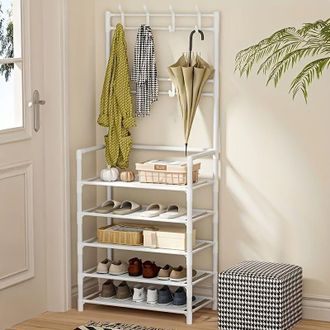 OEM Zapatero Con Ganchos Integrados - Organizador De Pared De Aglomerado Blanco, 5 Estantes + 6 Ganchos