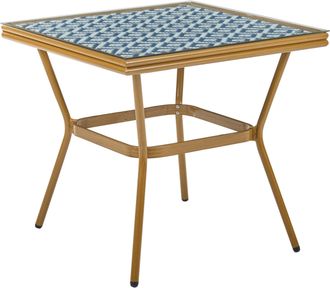 Beliani Mesa De Jard&iacute;n De Rat&aacute;n Sint&eacute;tico Tablero De Vidrio Templado De 80 X 80 Cm Estructura De Aluminio Azul Y Blanco Caspri