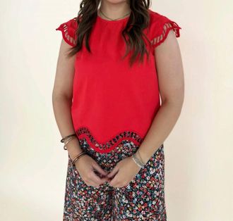 Merci Zuri Embroidered Cut-Out Sleeve Top In Tomato Red