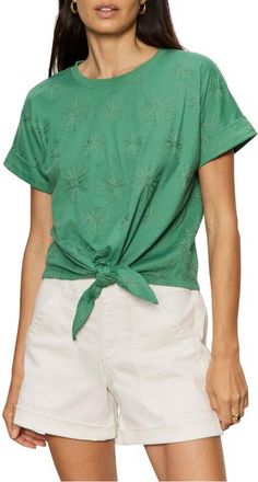 Sanctuary All Day Embroidered Tie Hem T-Shirt in Green Juice/Embroidery at Nordstrom, Size X-Small