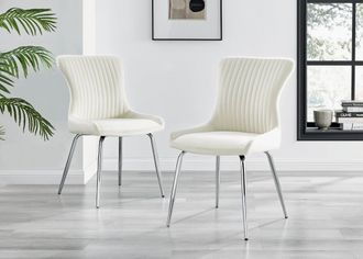 Furniturebox Set of 2 Nora Deep Padded Luxurious Dining Chairs Upholstered In Soft Velvet With Chrome Legs in Cream