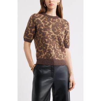 Nordstrom Jacquard Short Sleeve Sweater in Brown- Tan Alley Leopard at Nordstrom, Size Xx-Small