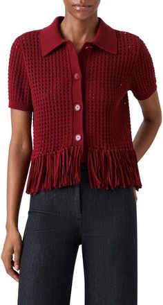 Akris Chunky Fringe Cotton Mesh Sweater in Pomegranate at Nordstrom, Size 12