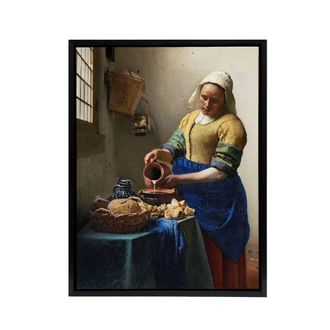 Artery8 The Milkmaid Portrait Vermeer Vintage Black Framed Canvas Wall Art in Beige | Size: W24 x H32