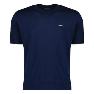 Prada Round-neck Knitwear, male, Blue, Size: XL Cotton Crew-Neck Sweater
